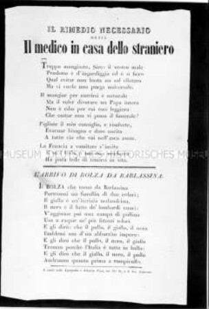 Anonymes Flugblatt: Il rimedio necessario ossia il medico in casa dello straniero (Das notwendige Heilmittel / oder / Der Arzt im Haus des Fremden); undatiert