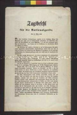 Bekanntmachung: Tagesbefehl für die Nationalgarde vom Oberkommandanten der Nationalgarde Hoyos; Wien, 18. März 1848