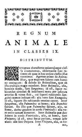Regnum Animale in Classes IX. Distributum