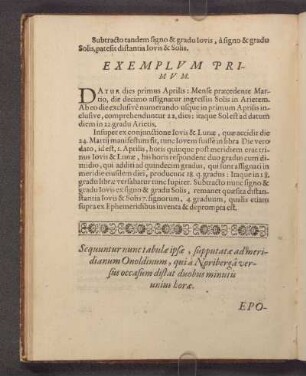 Sequuntur nunc tabulae ipsae, Supputatae ad meridianum Onoldinum, quia Noriberga versus occasium distat duobud minutis unius horae.