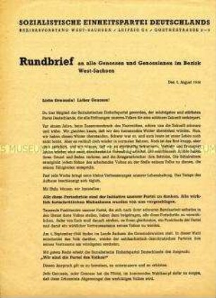 Rundschreiben des SED-Bezirksvorstandes West-Sachsen mit Wahlaufruf und Aufforderung an die Genossen zu verstärkten Aktivitäten