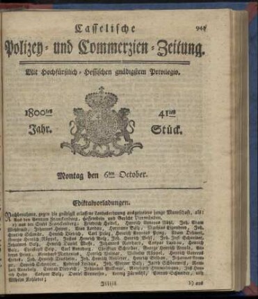 41tes Stueck, Montag den 6ten October 1800