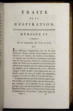 Mémoire IV. De la respiration des Vers de terre.