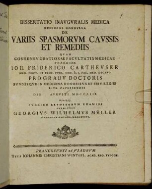 Dissertatio Inauguralis Medica Exhibens Nonnulla De Variis Spasmorum Caussis Et Remediis