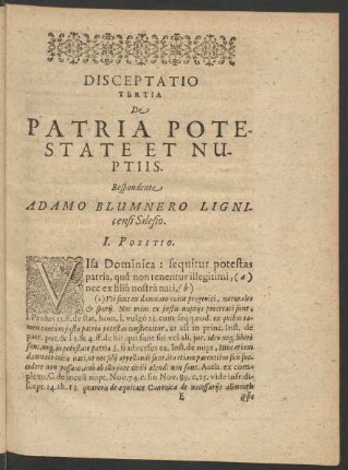 Disceptatio Tertia De Patria Potestate Et Nuptiis. Respondente Adamo Blumnero Lignicensi Silesio