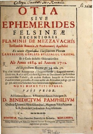 Otia sive Ephemerides Felsinae Recentiores : ab Anno 1684 ad 1712. 1