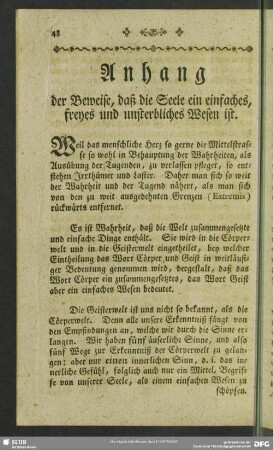 Anhang der Beweise, daß die Seele ein einfaches, freyes und unsterbliches Wesen ist