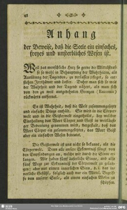 Anhang der Beweise, daß die Seele ein einfaches, freyes und unsterbliches Wesen ist