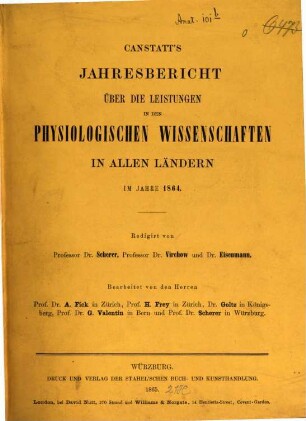 Canstatt's Jahresbericht über die Leistungen in den physiologischen Wissenschaften in allen Ländern : im Jahre ... 1864