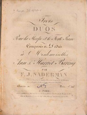 Trois duos pour la harpe et le forté piano : oeuvre 51. 1 [Ca. 1820]