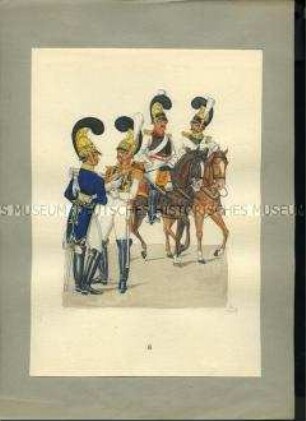 Uniformdarstellung, Offizier des Kürassierregiments von Zastrow in Dienstuniform, Offizier des Leib-Kürassierregiments in Parade, Kürassiere des Leib-K ürassierregiments und des Kürassierregiments von Zastrow zu Pferd, Sachsen, 1810/1811. Veränderte Kopie aus: Abbildung der neu organisierten Königlich-Sächsischen Armee.