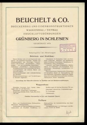 Beuchelt & Co. Brückenbau und Eisenkonstruktionen, Waggonbau, Tiefbau, Druckluftgründungen, Grünberg in Schlesien; Gegründet 1876