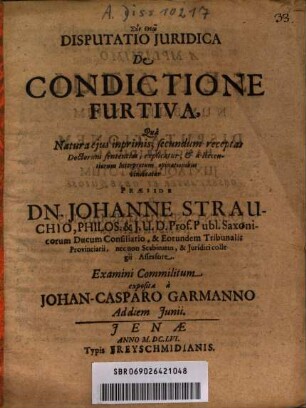 Disputatio Juridica De Condictione Furtiva