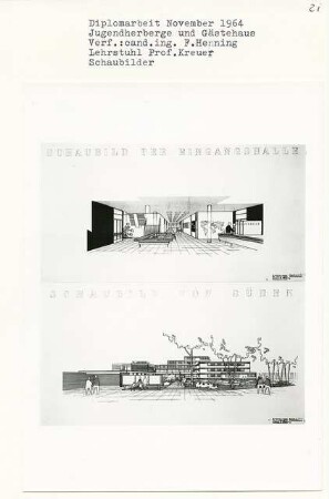 Jugendherberge und Gästehaus, Berlin-Westend (Diplomarbeit bei Willy Kreuer): Perspektivische Ansicht von Süden und Perspektivische Ansicht Eingangshalle