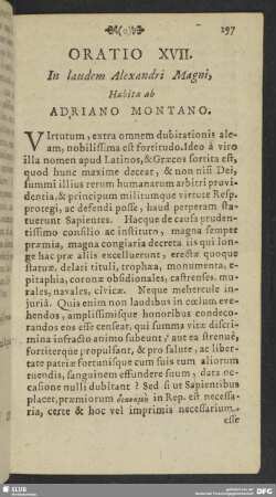 Oratio XVII. In laudem Alexandri Magni, Habita ab Adriano Montano