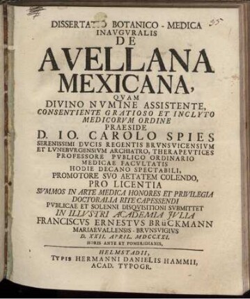 Dissertatio Botanico-Medica Inauguralis De Avellana Mexicana