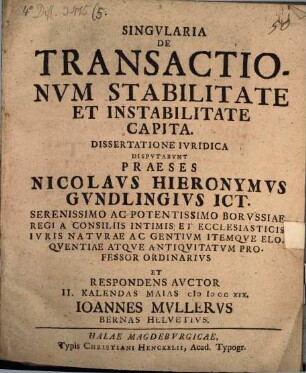 Singvlaria De Transactionvm Stabilitate Et Instabilitate Capita : Dissertatione Ivridica