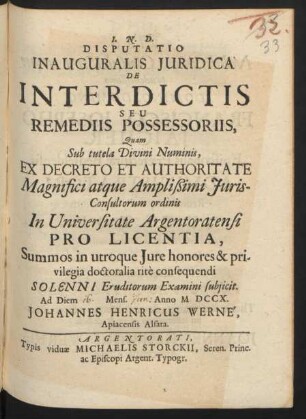 Disputatio Inauguralis Iuridica De Interdictis Seu Remediis Possessoriis