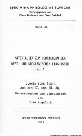 Slowenische Texte aus dem 17. und 18. Jahrhundert