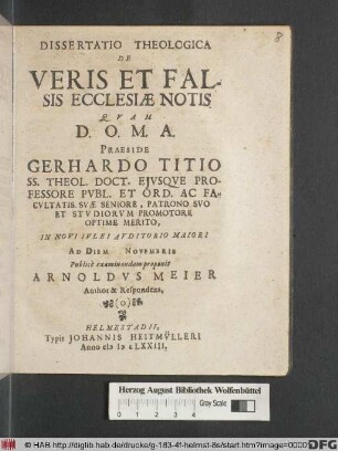 Dissertatio Theologica De Veris Et Falsis Ecclesiae Notis