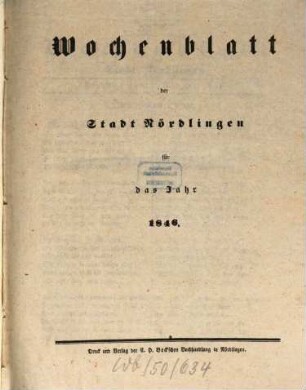 Wochenblatt der Stadt Nördlingen. 1846
