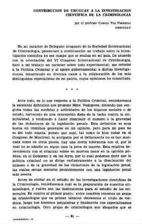 81-86, Contribucion de Uruguay a la investigacion cientifica de la criminologie