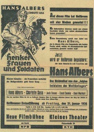 Werbeblatt für den Film "Henker Frauen und Soldaten" mit Hans Albers und Charlotte Susa