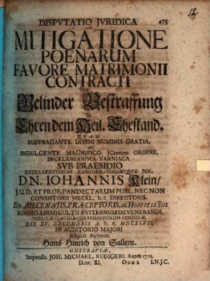 Disp. iur. de mitigatione poenarum favore matrimonii contracti