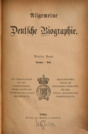 Allgemeine deutsche Biographie. 4, Carmer - Deck