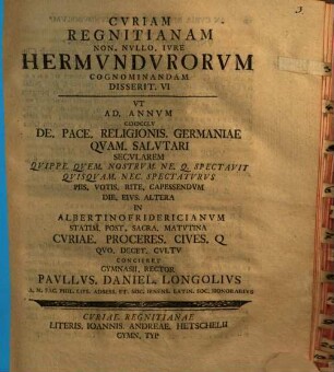 Cvriam Regnitianam Non. Nvllo. Ivre Hermvndvrorvm Cognominandam Disserit ..., 6