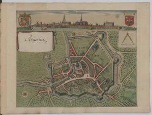 Stadtplan und Ansicht von Armentieres in Frankreich, koloriertes Kupferstich, 1649