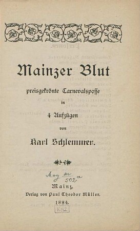 Mainzer Blut : preisgekrönte Carnevalsposse in 4 Aufzügen