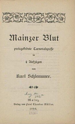 Mainzer Blut : preisgekrönte Carnevalsposse in 4 Aufzügen