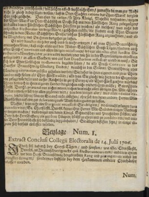 Num. I. Extract Conclusi Collegii Electoralis de 14. Julii 1706