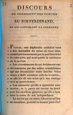 Discours du Président des cortès au Roi Ferdinand, en lui conférant la couronne