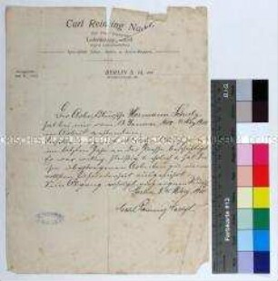 Arbeitszeugnis der Lederwarenfabrik Carl Reining Nachf. in Berlin für den Arbeitsburschen Hermann Schulz