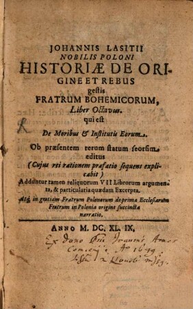 Historia de origine ... Fratrum Bohemicorum : Liber VIII.