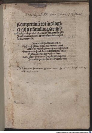 Compendium totius logicae sive parvulus antiquorum : mit Vorrede und Gedicht des Autors an die Studenten und auf das Werk