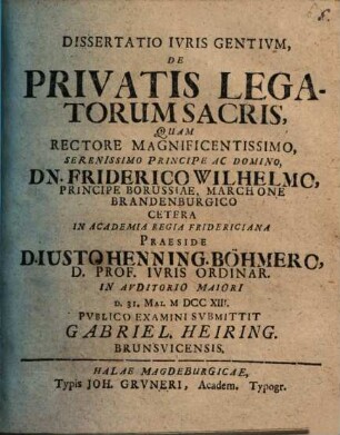 Dissertatio Ivris Gentivm, De Privatis Legatorum Sacris