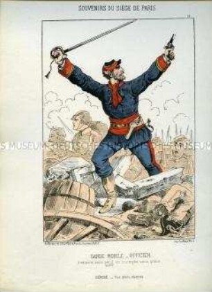 Karikatur, Offizier der Garde Mobile mit Degen und Pistole in der Luft über eine Barrikade führend, Frankreich 1870. Tafel 16 aus: Souvenirs du Siège de Paris. Les Défenseurs de la Capitale.