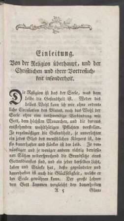 Einleitung. Von der Religion überhaupt, und der Christlichen und ihrer Vortreflichkeit insonderheit
