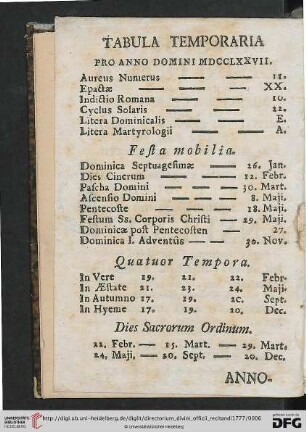 Tabula Temporaria pro Anno Domini MDCCLXXVII