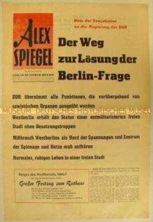 Sonderausgabe der Berliner Stadtbezirkszeitung "Alex-Spiegel" zur Note der Sowjetunion zur Lösung der Berlin-Frage