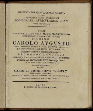Dissertatio Inauguralis Medica Sistens Tentamina Circa Anatomiam Forficulae Auriculariae Linn. Icone Illustrata