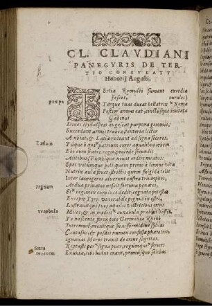 Cl. Claudiani Panegyris De Tertio Consulatu Honorii Augusti