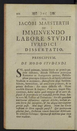III. Iacobi Maestertii de imminuendo labore studii iuridici disseratio.