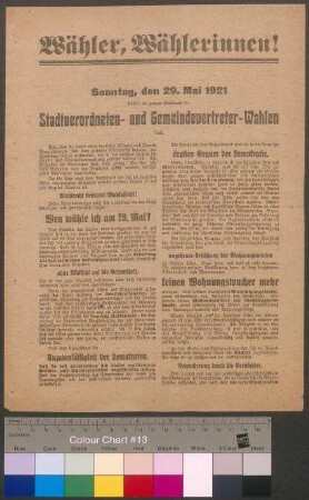 Flugblatt der SPD zur Wahl der Stadtverordneten, Kreis- und Gemeindevertreter im Freistaat Braunschweig am 29. Mai 1921