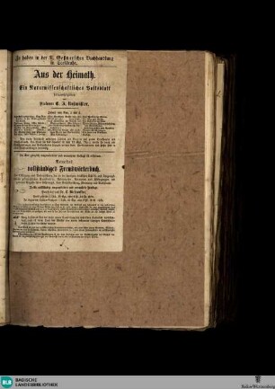 Karlsruher Tagblatt, Zu haben in der Geßnerschen Buchhandlung... Aus der Heimath