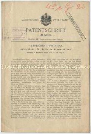 Patentschrift eines Ährenhebers für Getreide-Mähmaschinen, Patent-Nr. 86704