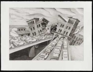 Radierung de Künstlers Erhard Groß, Titel: Schnellstraße kontra Görlitzer Bahnhof, Ed. 2/30, 1990